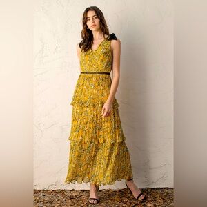 Such Sophistication Yellow Floral Print Pleated Maxi Dress